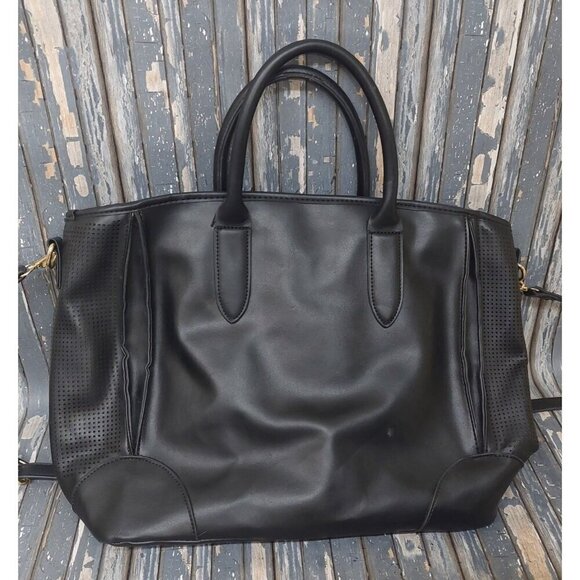Adrienne Vittadini Black Weekender Tote Bag Double Handle Vegan Leather Zip Top - Picture 5 of 12